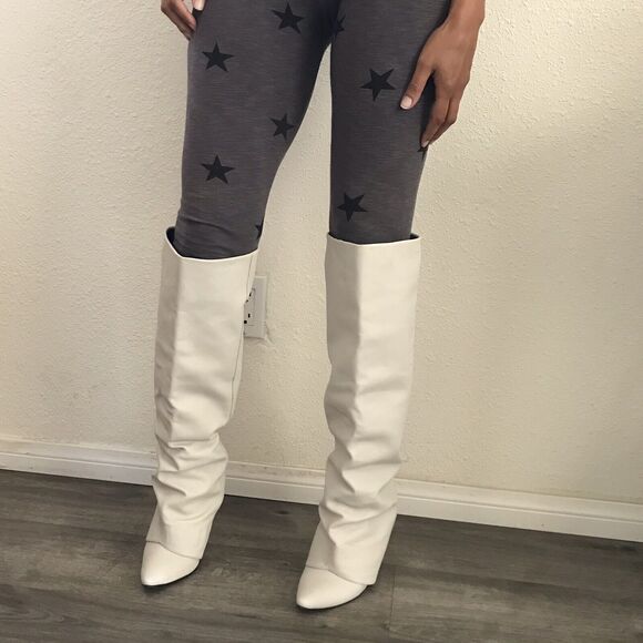 London Trash White Leather Knee High Solange Almond Toe Slouchy Wedge Boots 8.5 - Picture 3 of 7